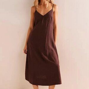 Free People Emmers Linen Midi Dress V Neck Tie Strap Trapeze L